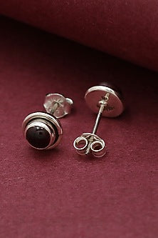 White Finish Garnet Stud Earrings In Sterling Silver