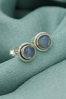 White Finish Blue Moonstone Stud Earrings In Sterling Silver