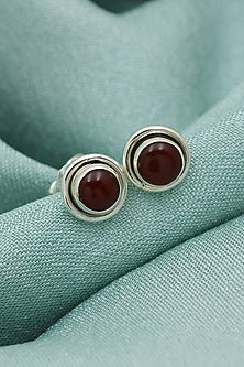 White Finish Red Onyx Stud Earrings In Sterling Silver