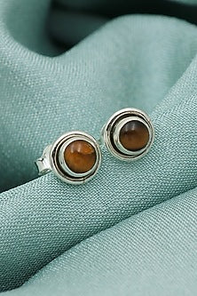 White Finish Tiger Eye Gemstone Stud Earrings In Sterling Silver
