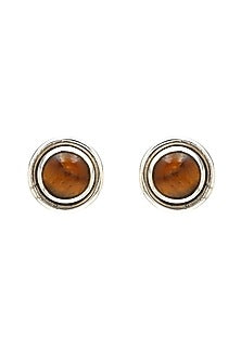 White Finish Tiger Eye Gemstone Stud Earrings In Sterling Silver