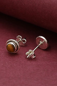 White Finish Tiger Eye Gemstone Stud Earrings In Sterling Silver