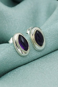 White Finish Amethyst Stud Earrings In Sterling Silver