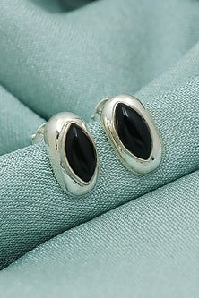 White Finish Black Onyx Eye Stud Earrings In Sterling Silver