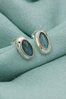 White Finish Labradorite Eye Stud Earrings In Sterling Silver