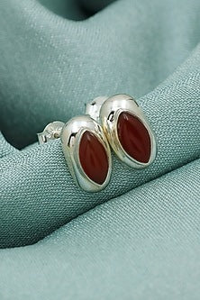White Finish Red Onyx Eye Stud Earrings In Sterling Silver