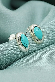 White Finish Turquoise Eye Stud Earrings In Sterling Silver