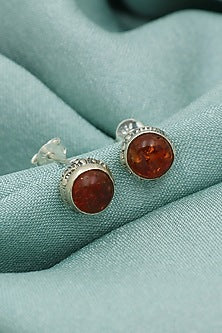 White Finish Amber Stud Earrings In Sterling Silver