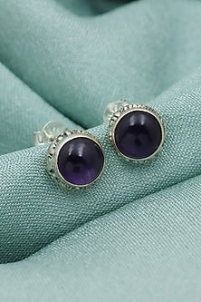 White Finish Amethyst Stud Earrings In Sterling Silver