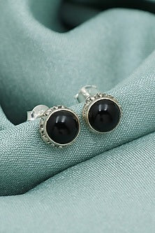 White Finish Black Onyx Stud Earrings In Sterling Silver
