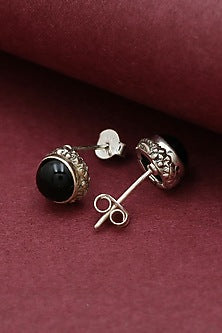 White Finish Black Onyx Stud Earrings In Sterling Silver