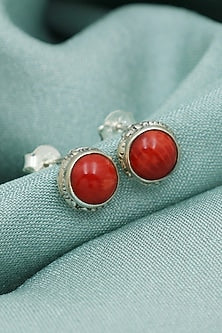 White Finish Coral Stone Stud Earrings In Sterling Silver