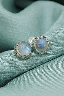 White Finish Blue Moonstone Stud Earrings In Sterling Silver