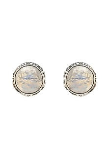 White Finish Blue Moonstone Stud Earrings In Sterling Silver