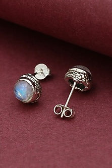 White Finish Blue Moonstone Stud Earrings In Sterling Silver