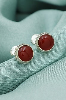 White Finish Red Onyx Stud Earrings In Sterling Silver