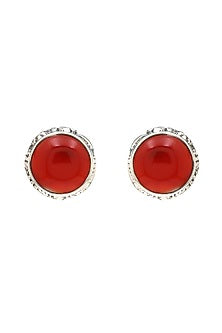 White Finish Red Onyx Stud Earrings In Sterling Silver