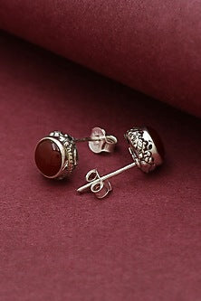 White Finish Red Onyx Stud Earrings In Sterling Silver