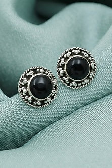 White Finish Black Onyx Dotted Stud Earrings In Sterling Silver