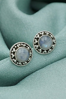 White Finish Blue Moonstone Dotted Stud Earrings In Sterling Silver