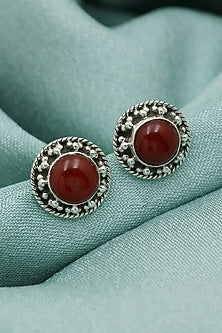 White Finish Red Onyx Dotted Stud Earrings In Sterling Silver