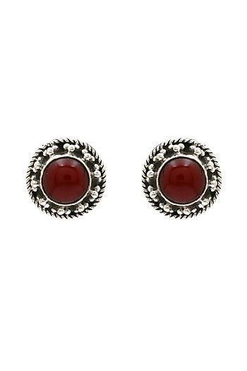 White Finish Red Onyx Dotted Stud Earrings In Sterling Silver