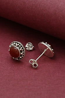 White Finish Red Onyx Dotted Stud Earrings In Sterling Silver