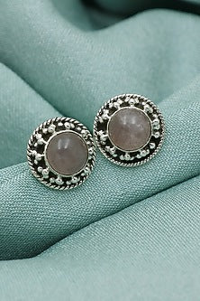 White Finish Rose Quartz Dotted Stud Earrings In Sterling Silver