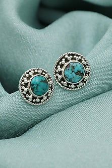 White Finish Turquoise Dotted Stud Earrings In Sterling Silver