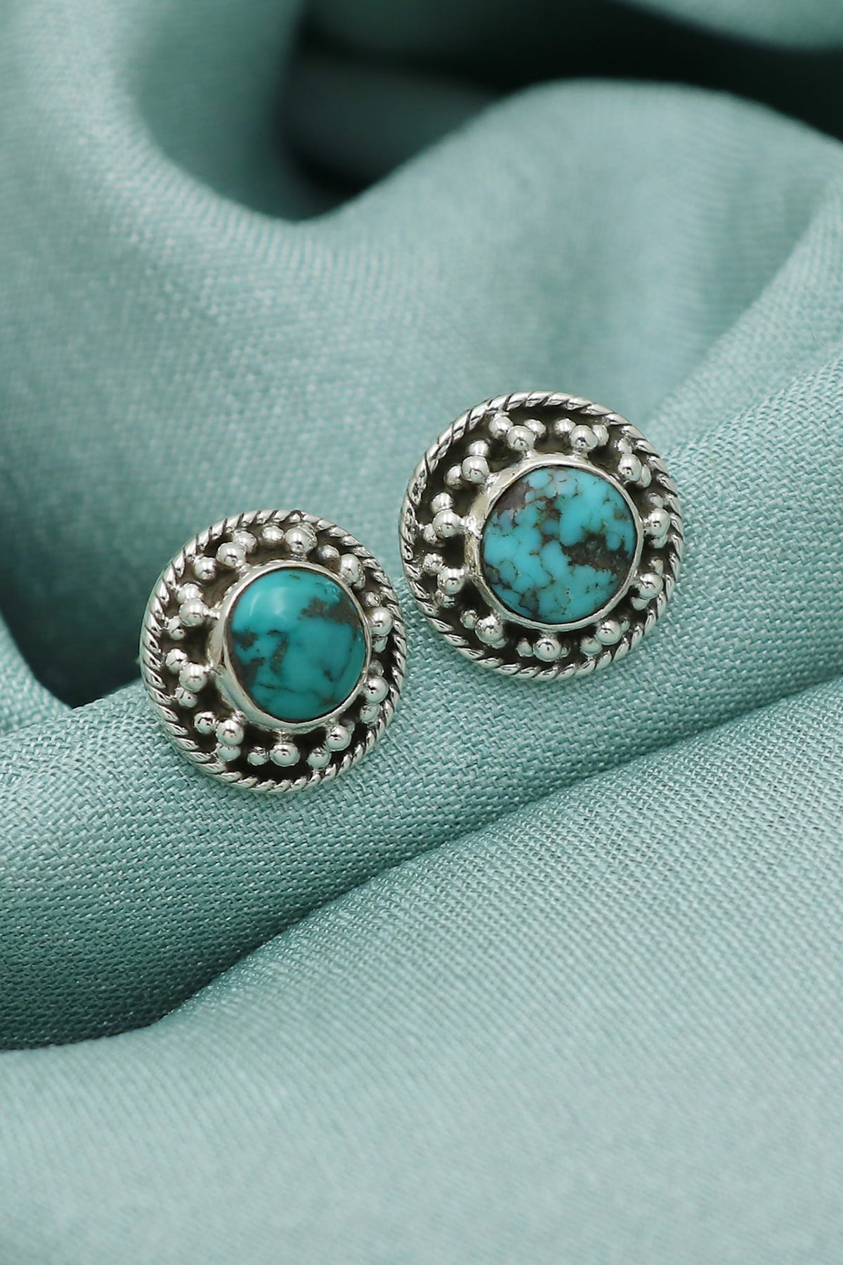 White Finish Turquoise Dotted Stud Earrings In Sterling Silver