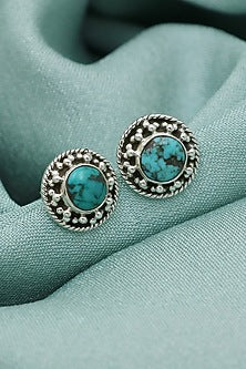 White Finish Turquoise Dotted Stud Earrings In Sterling Silver