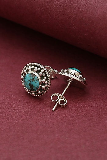 White Finish Turquoise Dotted Stud Earrings In Sterling Silver