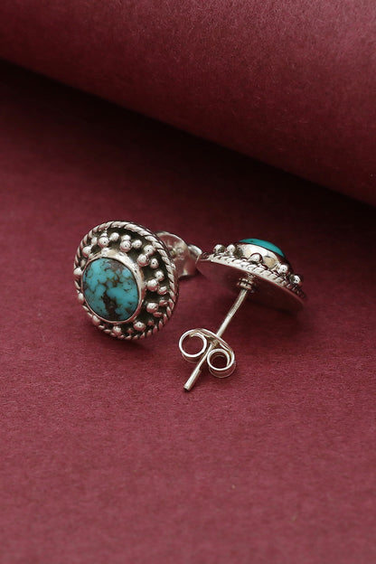 White Finish Turquoise Dotted Stud Earrings In Sterling Silver
