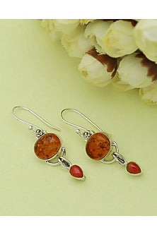 White Finish Amber Dangler Earrings In Sterling Silver