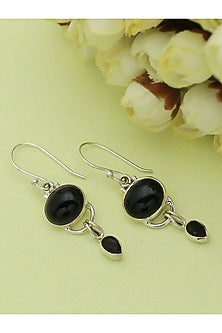 White Finish Black Onyx Dangler Earrings In Sterling Silver