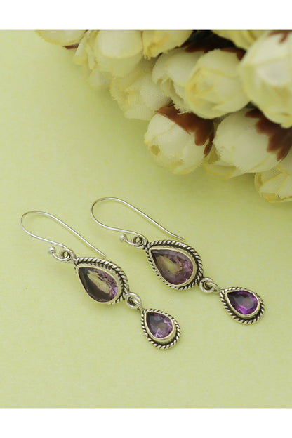 White Finish Amethyst Dangler Earrings In Sterling Silver