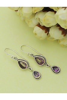 White Finish Amethyst Dangler Earrings In Sterling Silver