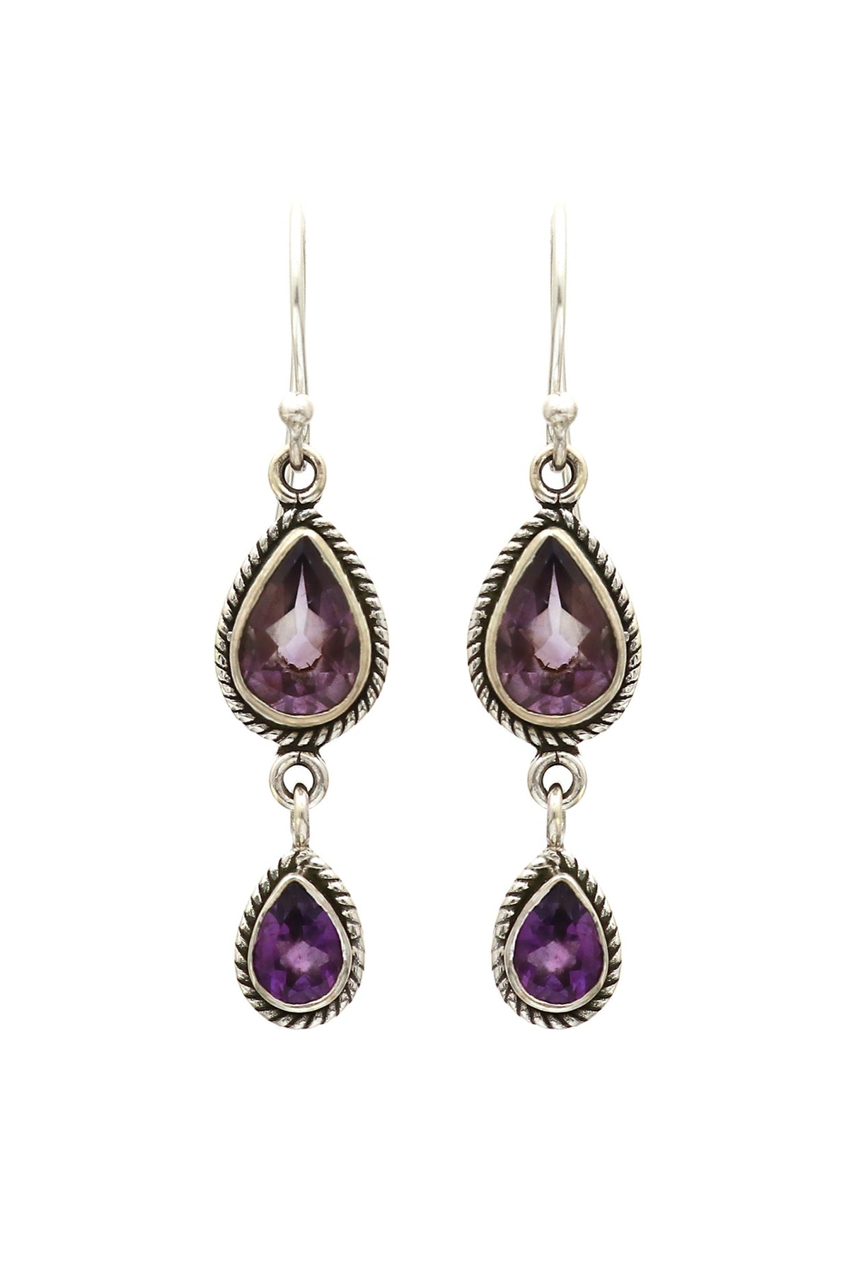 White Finish Amethyst Dangler Earrings In Sterling Silver