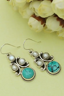 White Finish Turquoise Stone Dangler Earrings In Sterling Silver