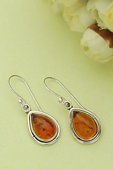 White Finish Amber Dangler Earrings In Sterling Silver