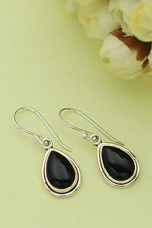 White Finish Black Onyx Dangler Earrings In Sterling Silver