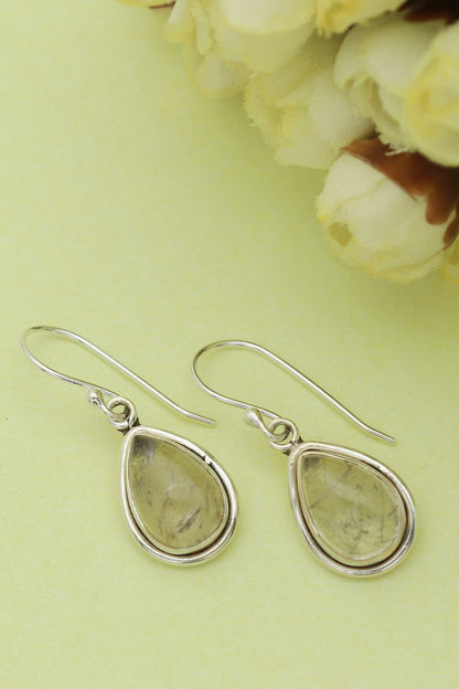 White Finish Gold Rutile Stone Dangler Earrings In Sterling Silver