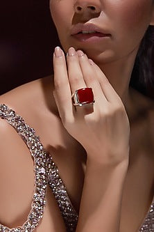 White Finish Red Onyx Ring In Sterling Silver