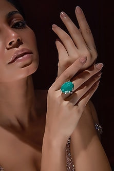 White Finish Emerald Agate Ring In Sterling Silver