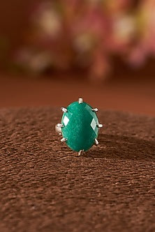 White Finish Emerald Agate Ring In Sterling Silver