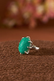 White Finish Emerald Agate Ring In Sterling Silver
