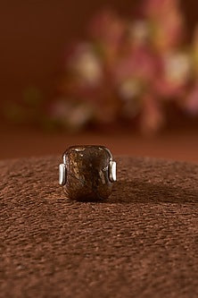White Finish Brown Jade Ring In Sterling Silver