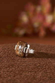 White Finish Brown Jade Ring In Sterling Silver