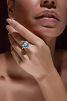 White Finish Turquoise Stone Ring In Sterling Silver