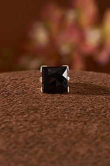 White Finish Black Onyx Gemstone Ring In Sterling Silver